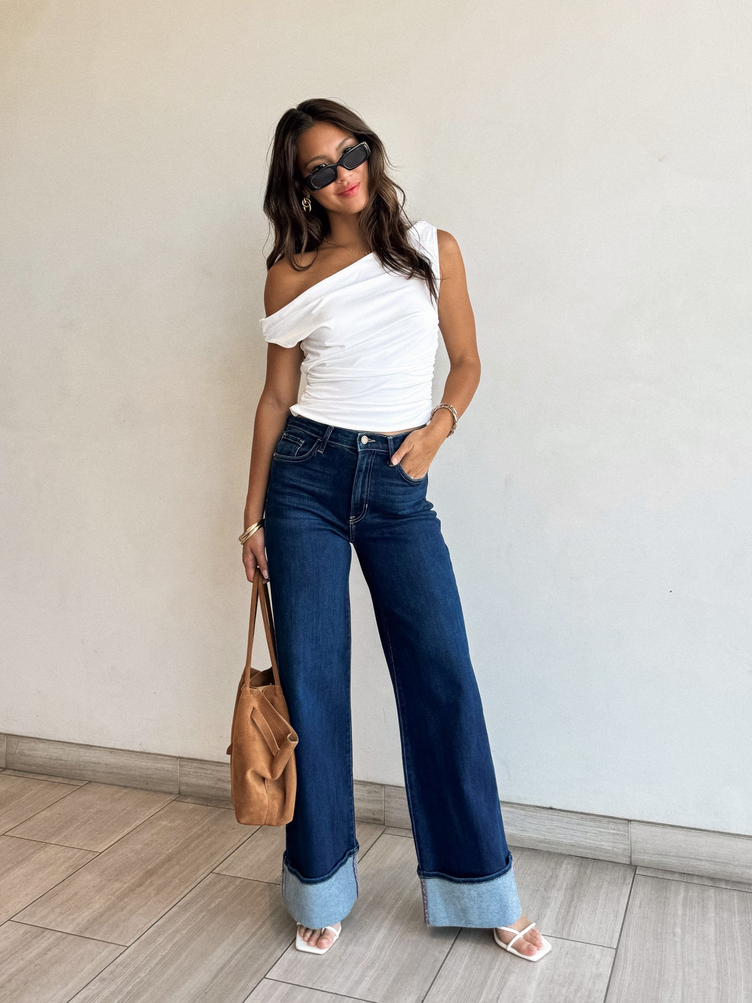 Harley Cuffed Palazzo Jeans in Dark Denim