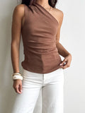 Diem Ribbed One Shoulder Top in Brown