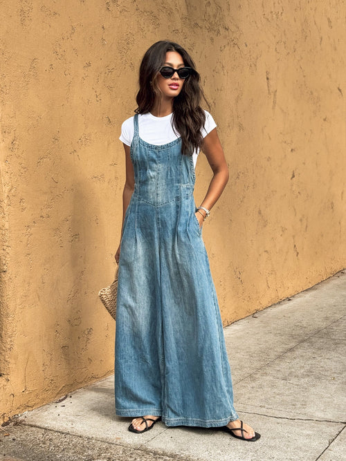 Cambria Wide Leg Denim Overalls