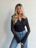 Thea Lace Henley Top in Black