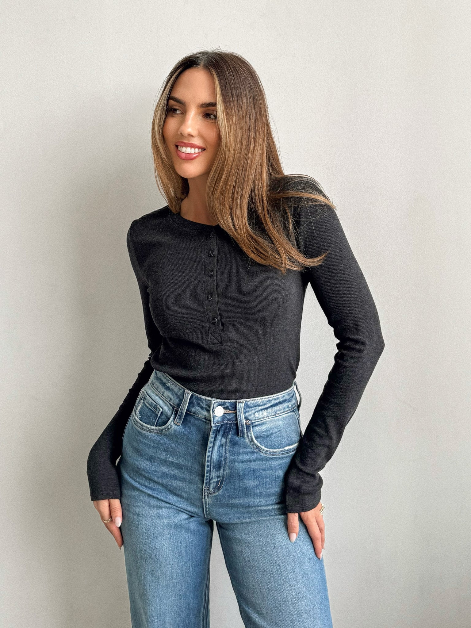 Henley Ribbed Long Sleeve in Charcoal