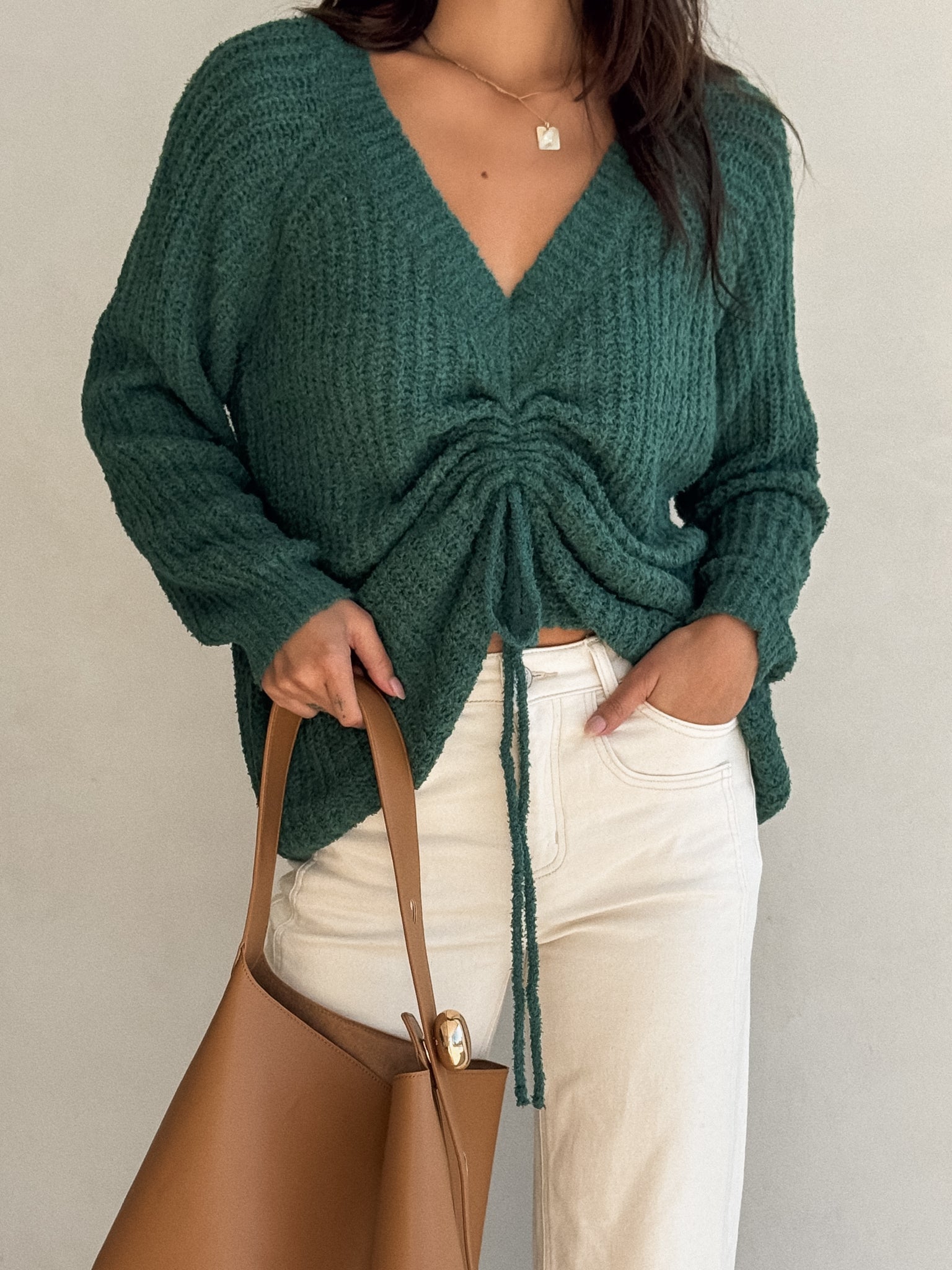 Ryland Ruched Knit Sweater in Green