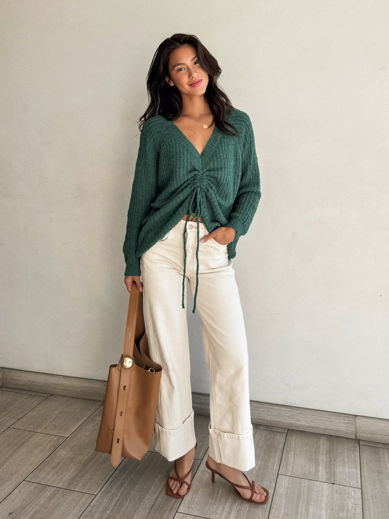 Ryland Ruched Knit Sweater in Green
