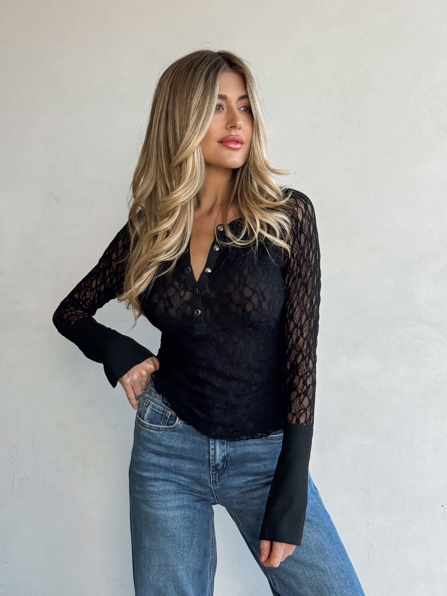 Thea Lace Henley Top in Black
