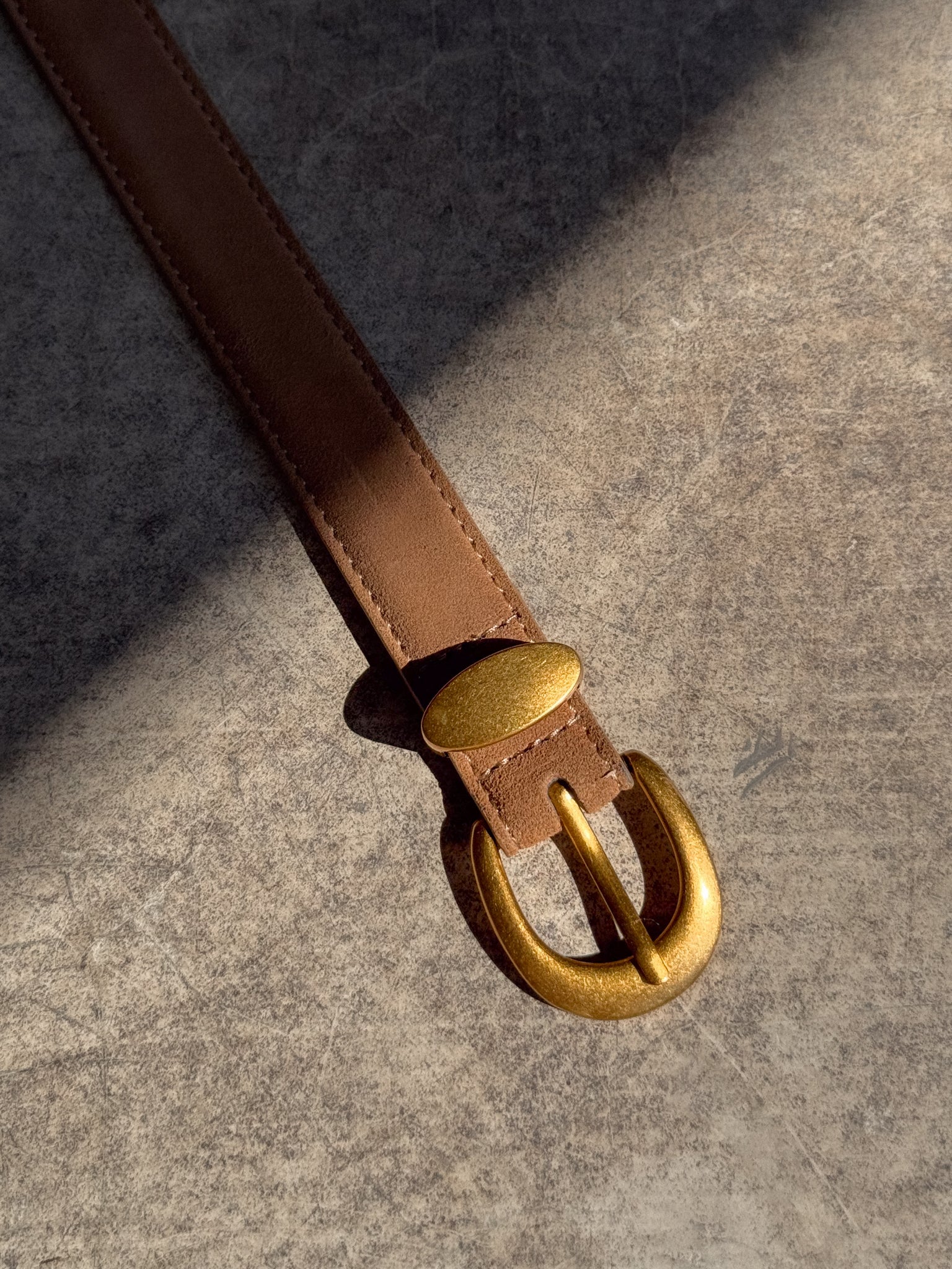 Suede Belt with Gold Buckle in Camel