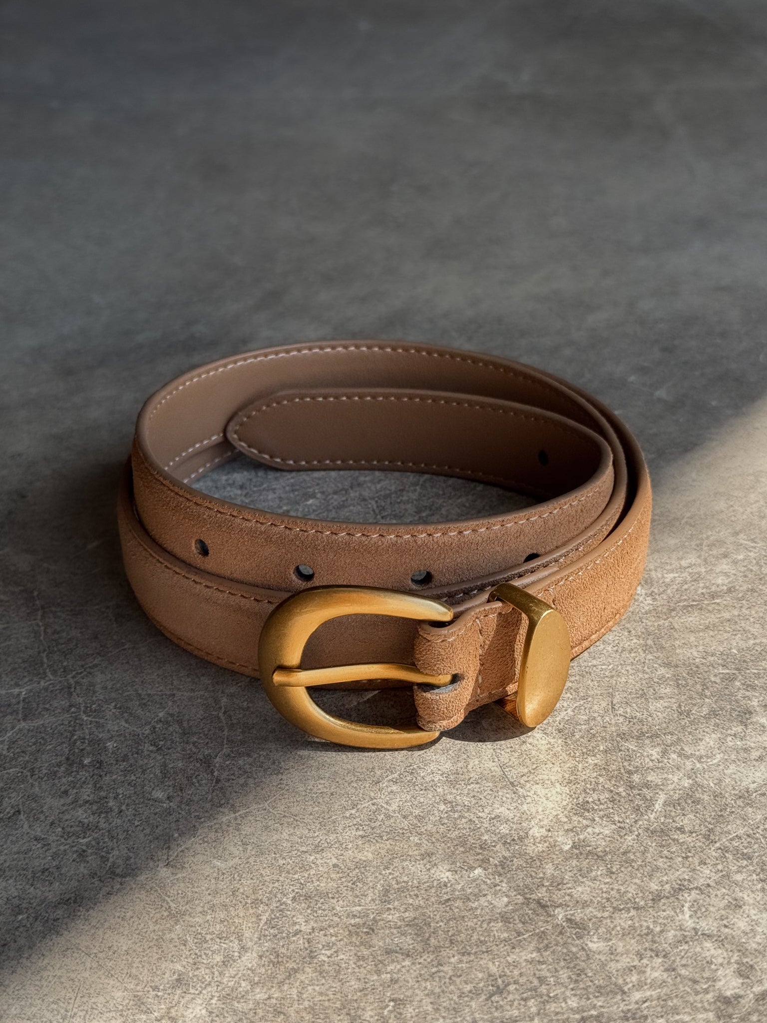 Suede Belt with Gold Buckle in Camel
