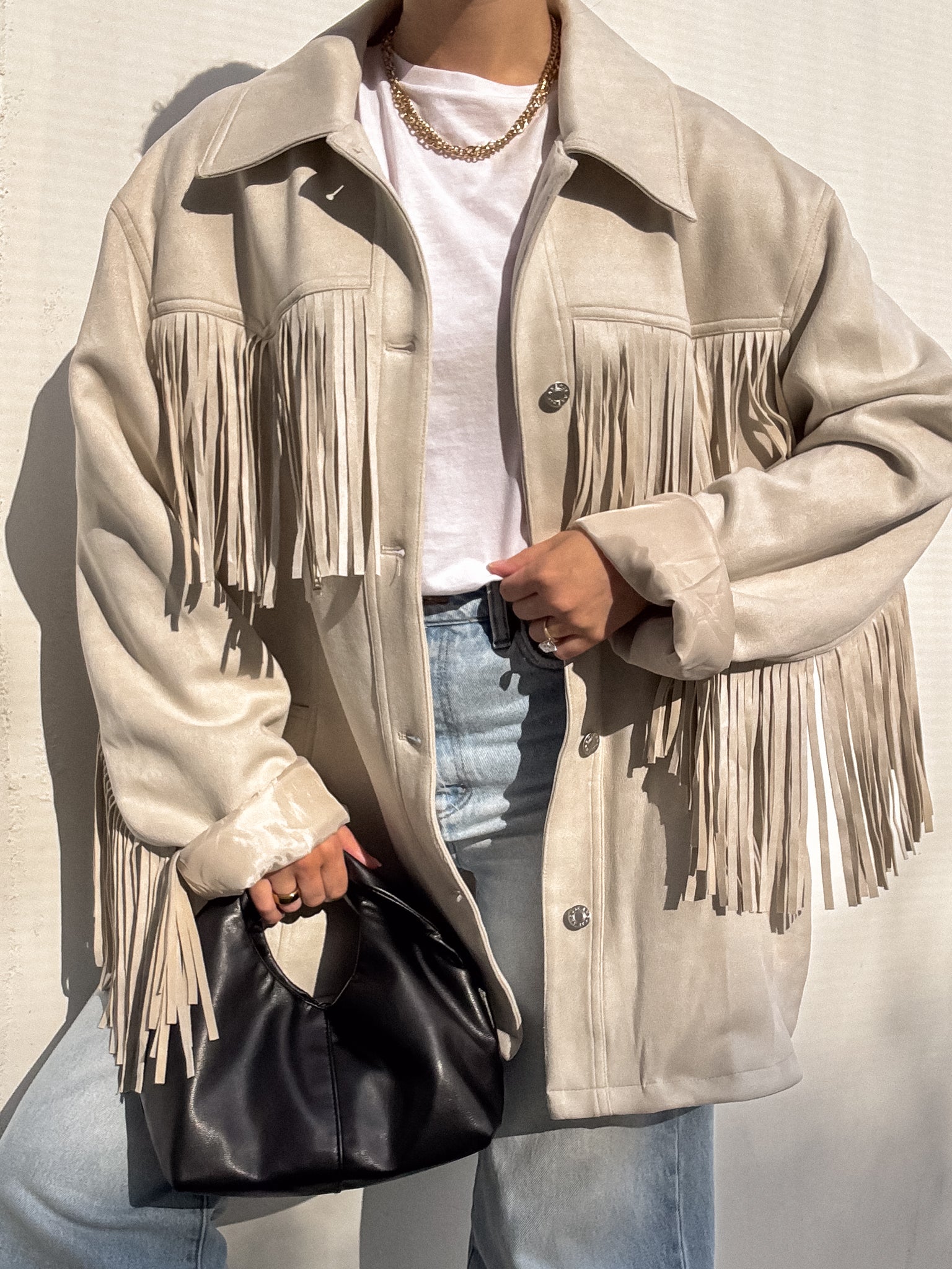 Blaine Fringe Suede Jacket in Sand