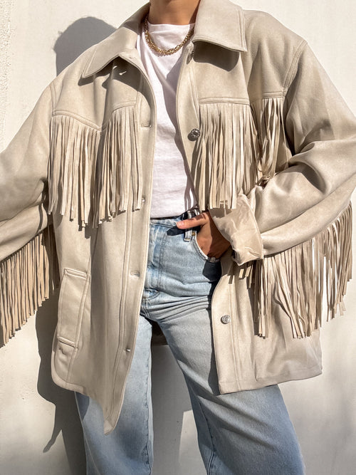 Blaine Fringe Suede Jacket in Sand