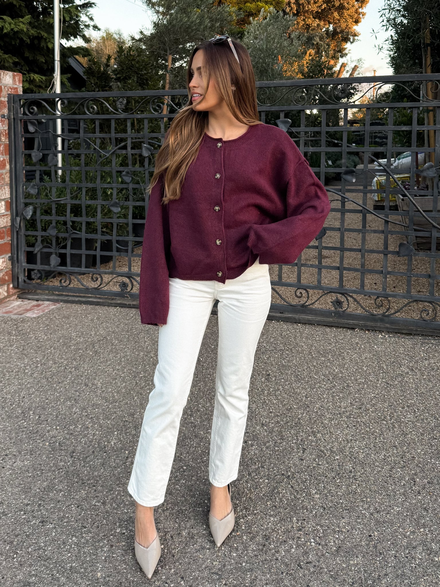 Stevie Button Knit Sweater in Cherry