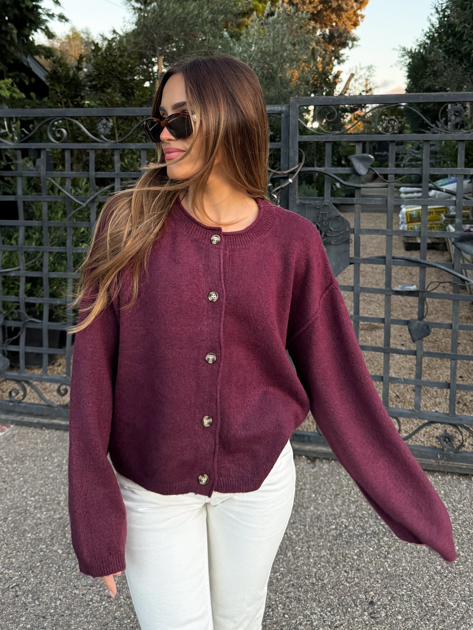 Stevie Button Knit Sweater in Cherry