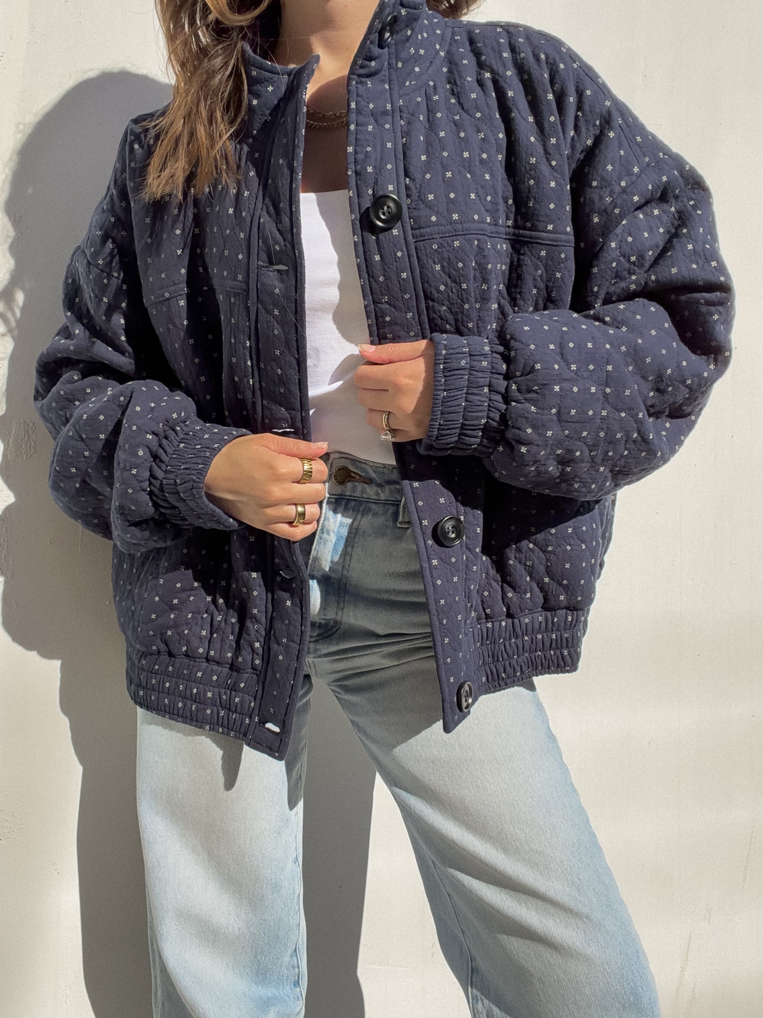 Poker Face Quilted Jacket in Navy