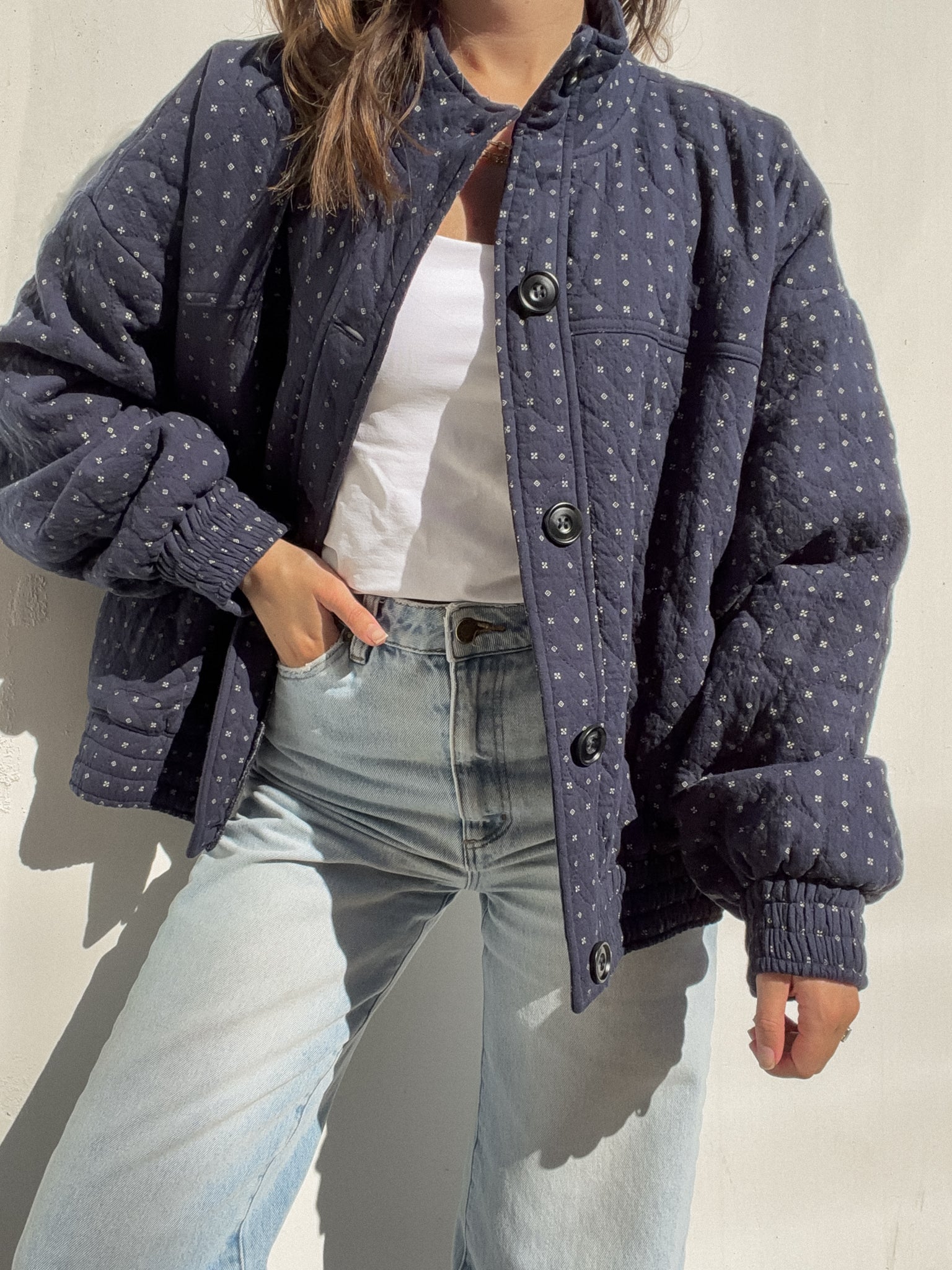 Poker Face Quilted Jacket in Navy
