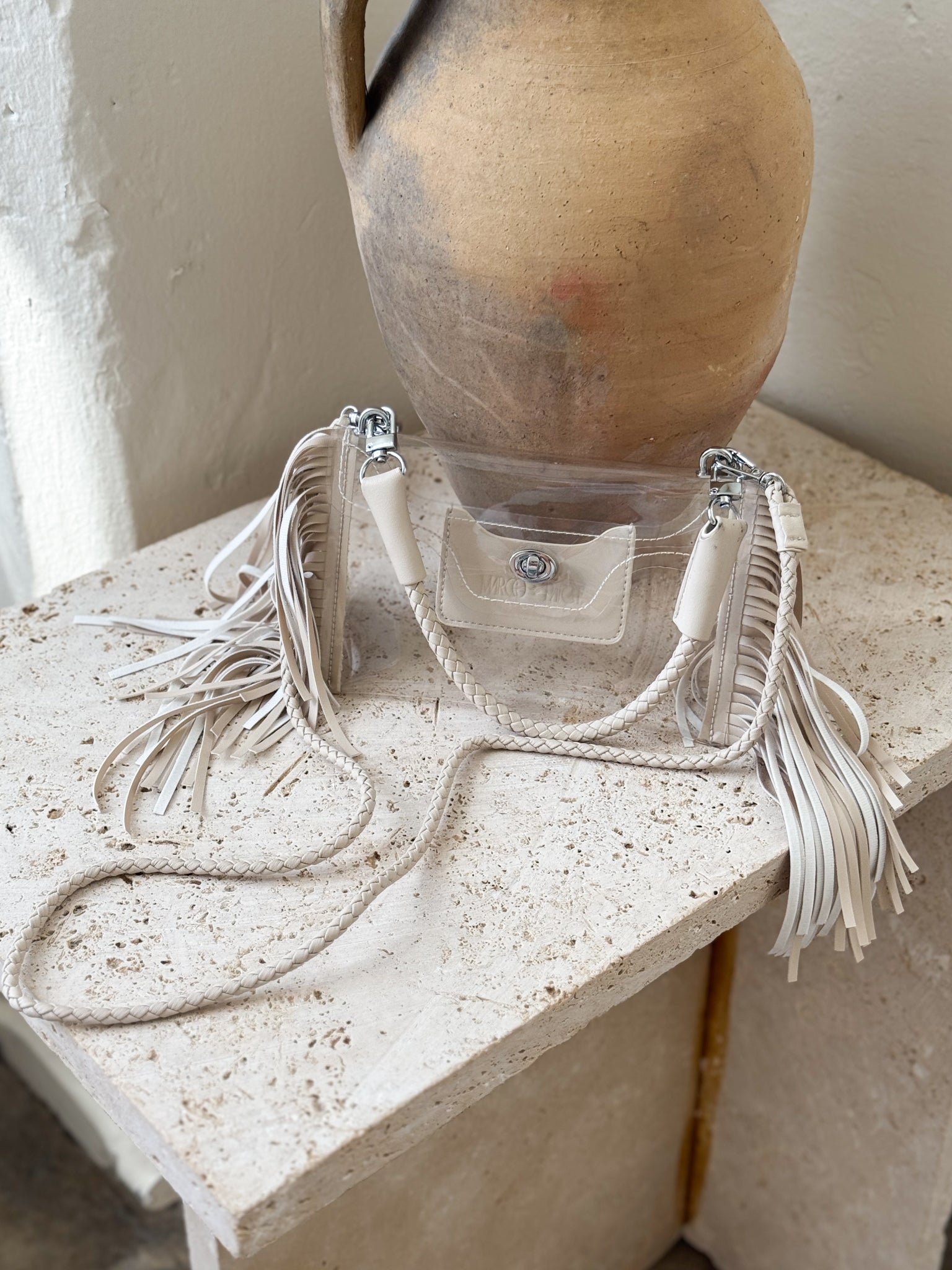 Rya Clear Fringe Crossbody Bag in Beige