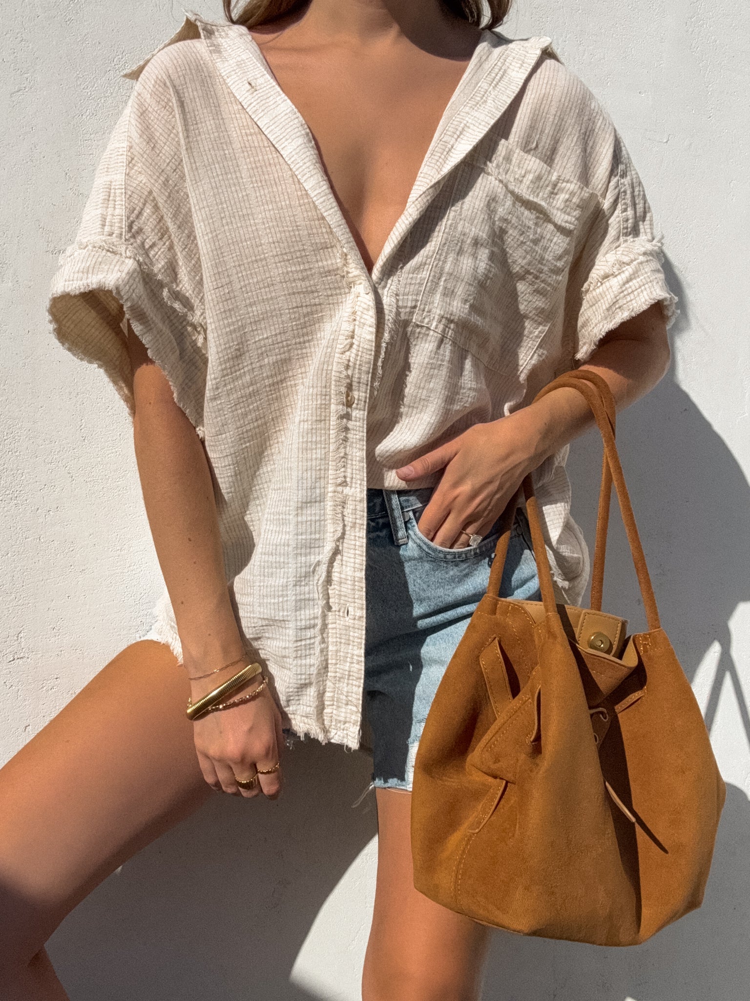 Finley Stripe Button Up in Taupe