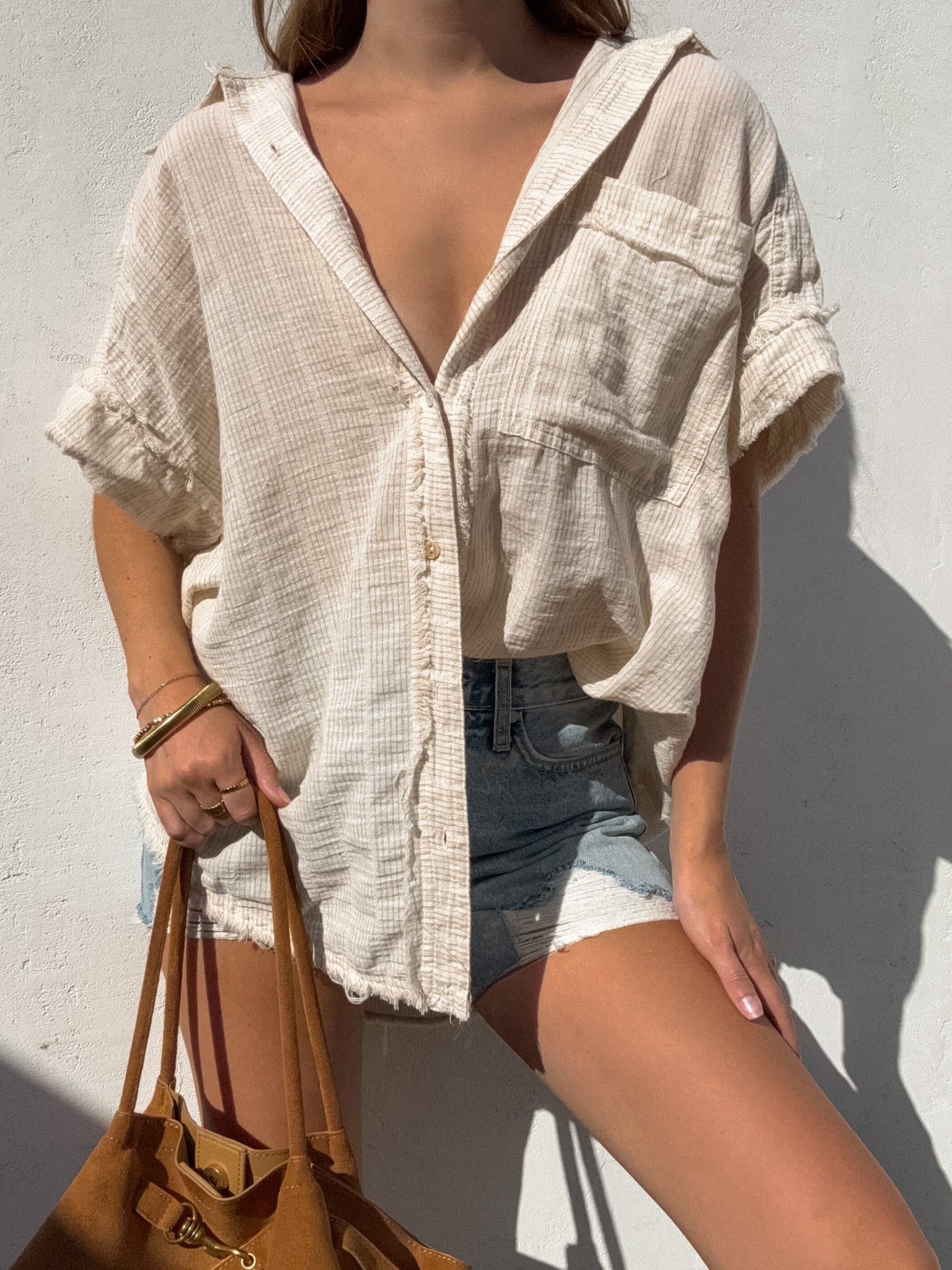 Finley Stripe Button Up in Taupe