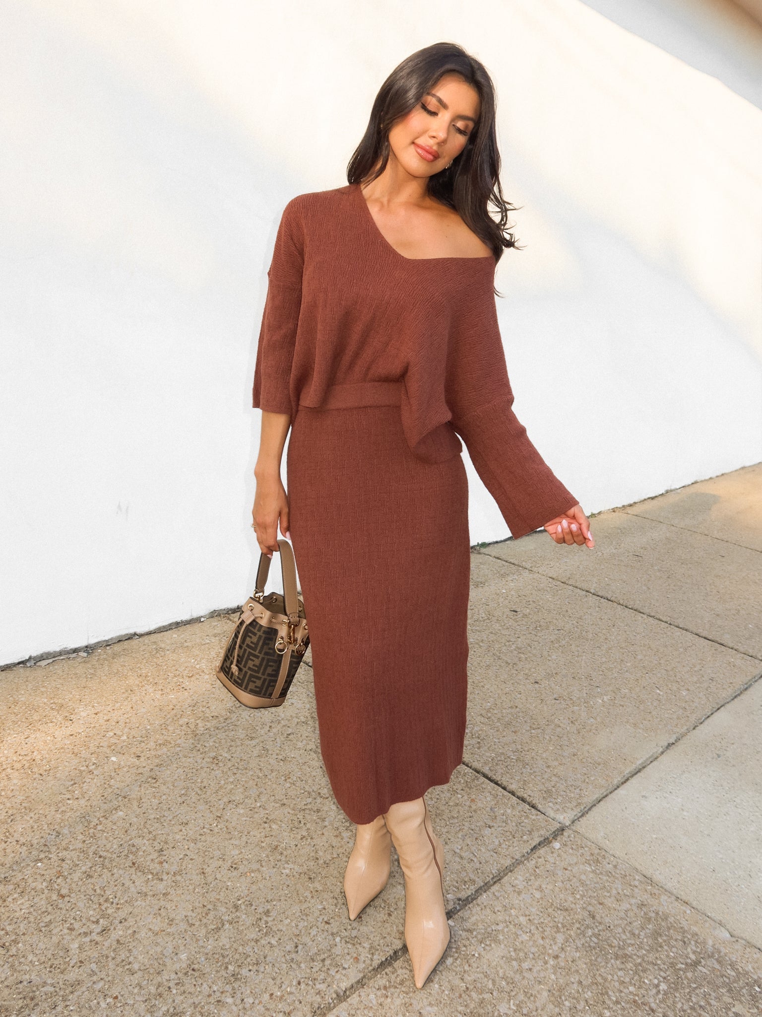 Easton Knit Midi Skirt in Brown - Final Sale