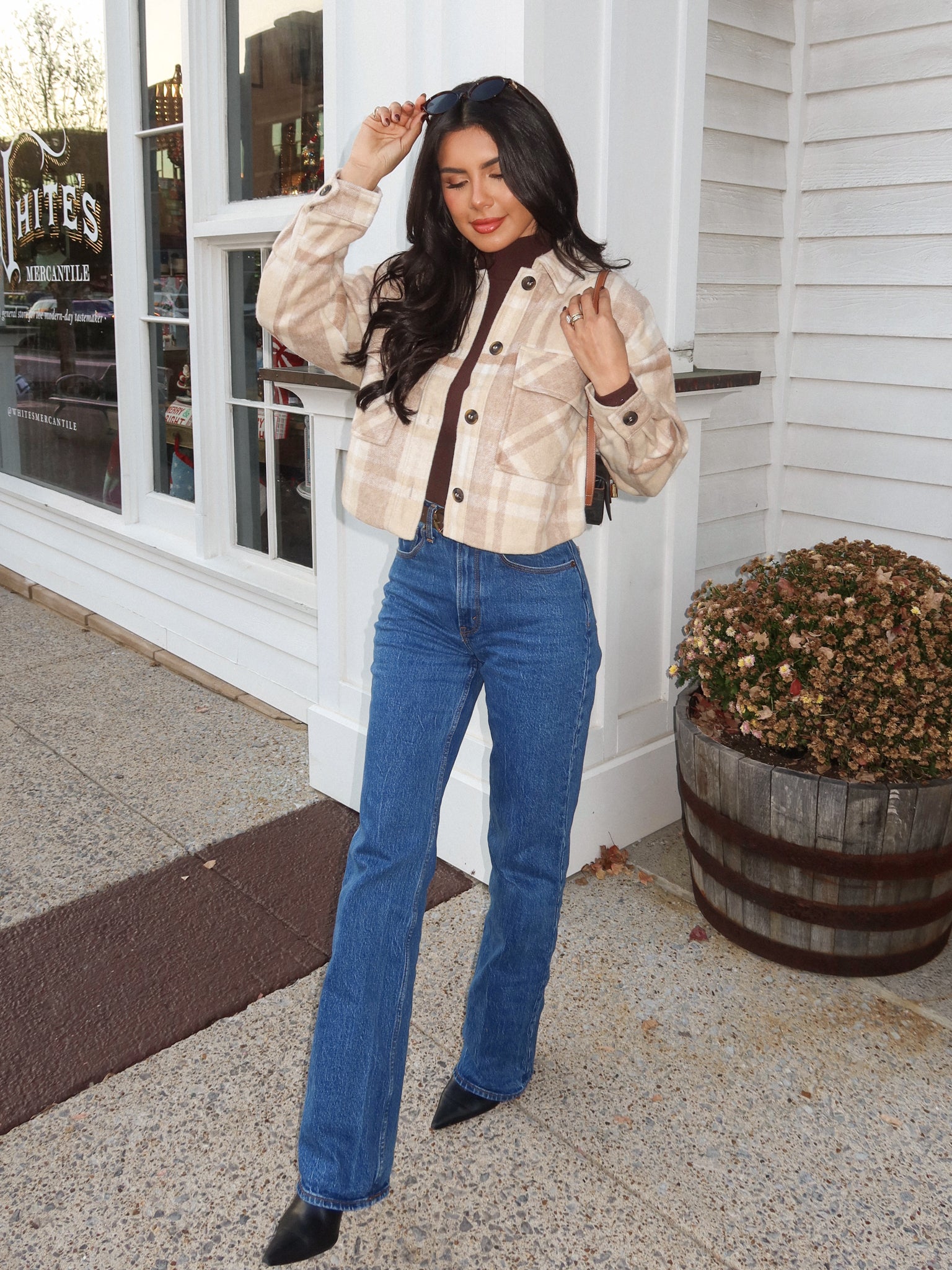 Helsa Plaid Button Shacket in Khaki