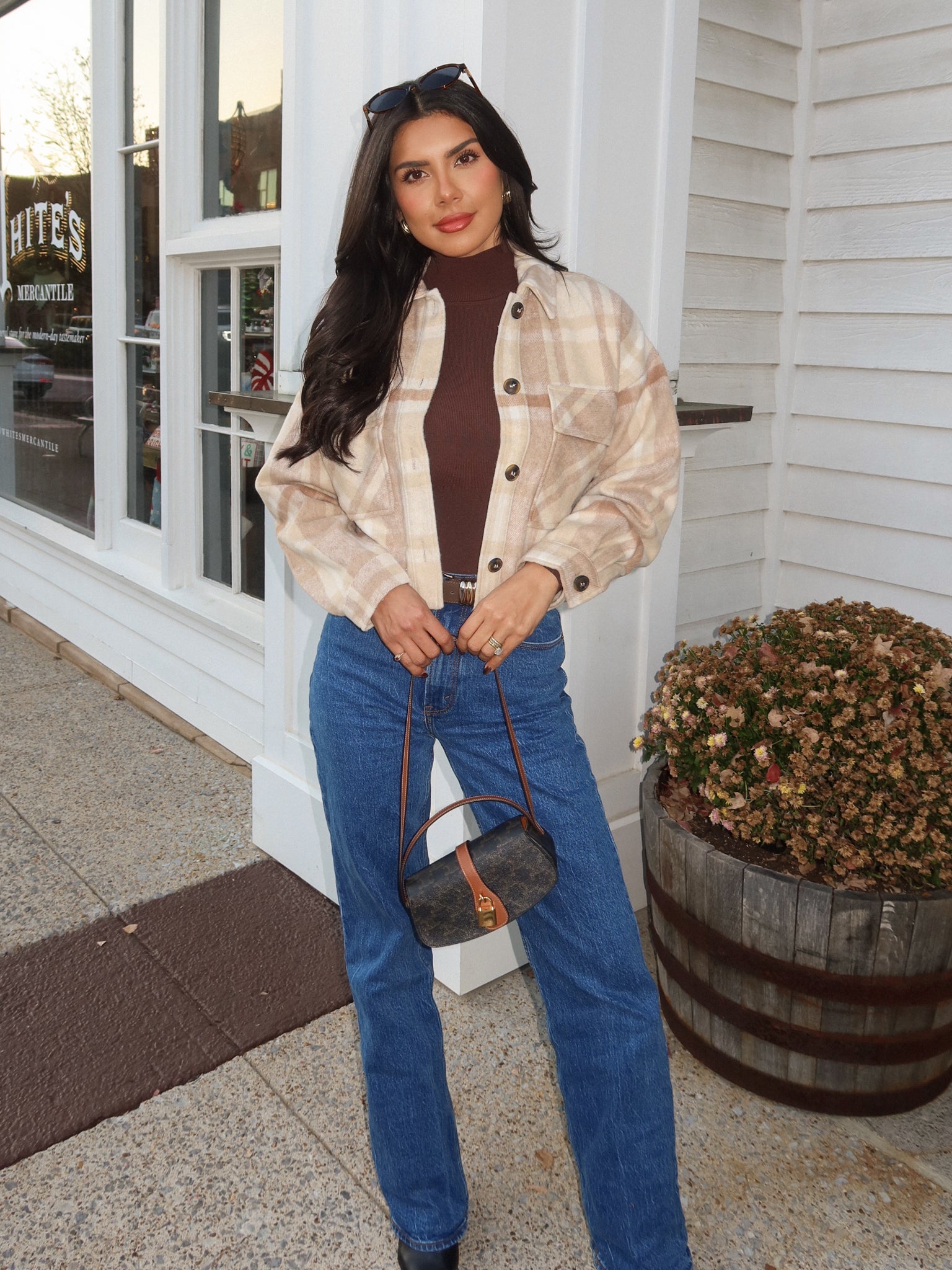 Helsa Plaid Button Shacket in Khaki