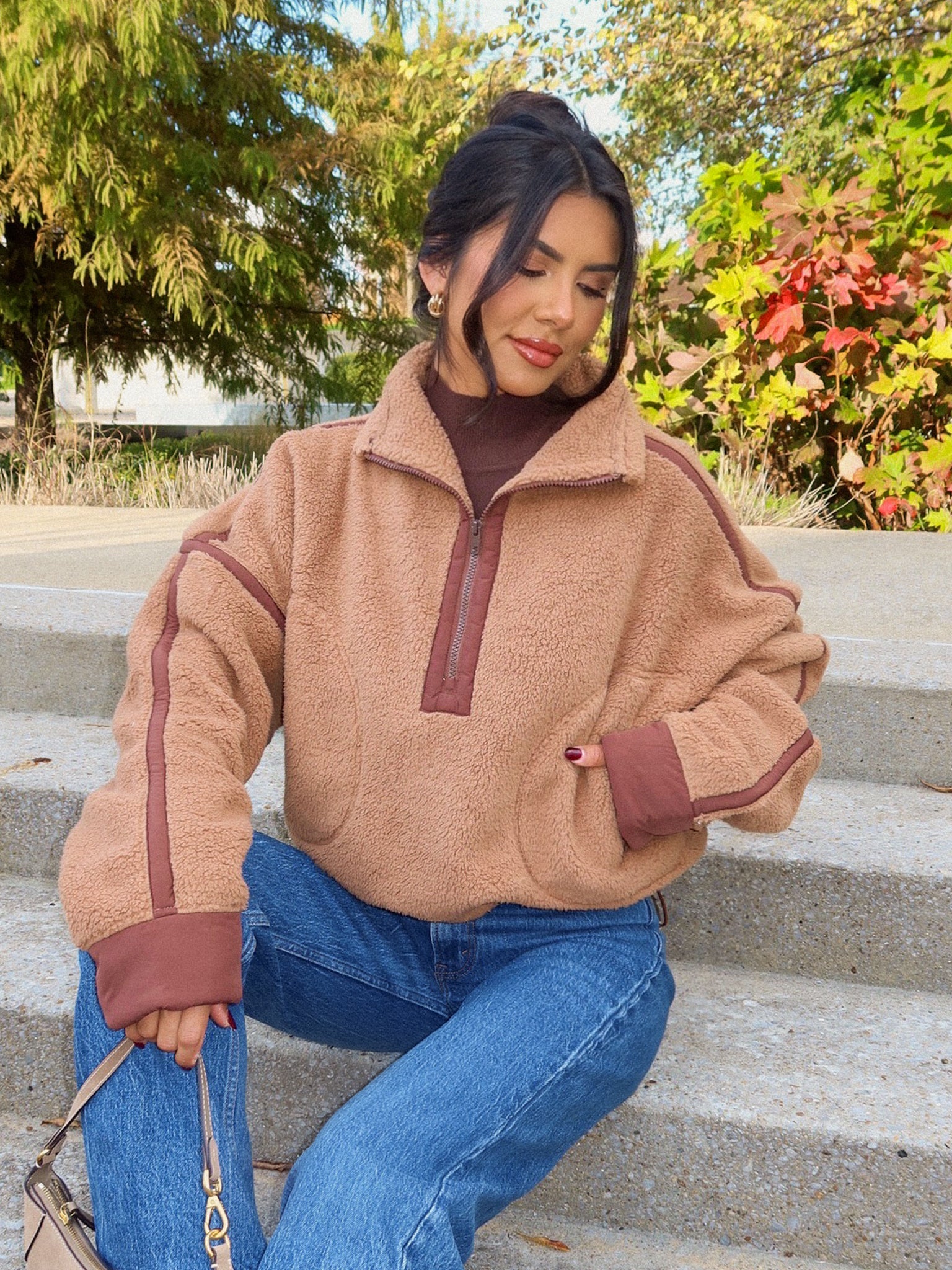Lowen Sherpa Quarter Zip in Camel